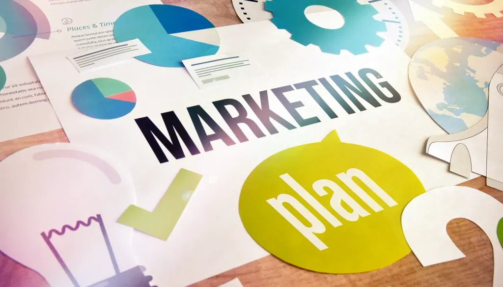 Printed marketing pieces spread across a studio table